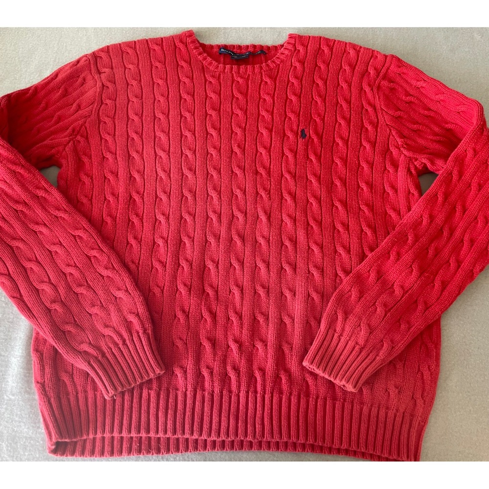 Ralph Lauren Sport Mens Red Cable Knit Cotton Crew Neck Sweater Size Large Pony